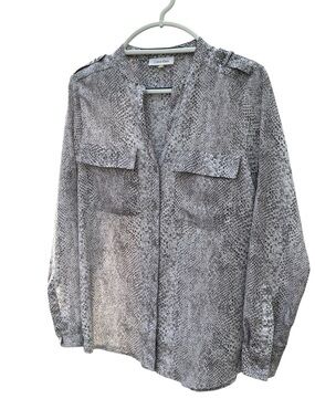 Calvin Klein Gray Snake-Print Button-Front Blouse- Small - V neck